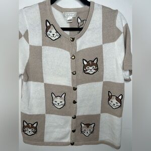 Christopher & Banks Cat Embroidered Cardigan in Cream and Tan